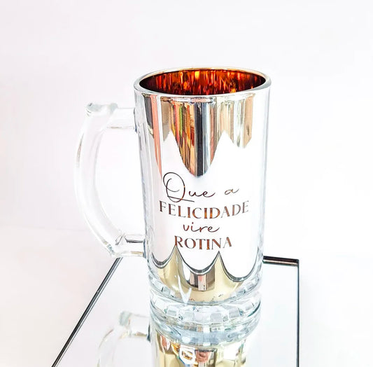 Caneca de Vidro Metalic 380 ml - Que a Felicidade Vire Rotina | Brasfoot Presentes