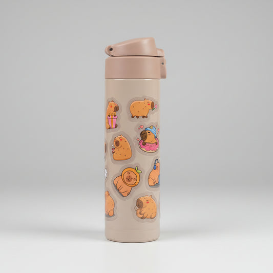 Garrafa Térmica Inox 420 ml Capivara – Aço Inoxidável, Adesivos Divertidos, Tampa com Trava, Portátil e Reutilizável