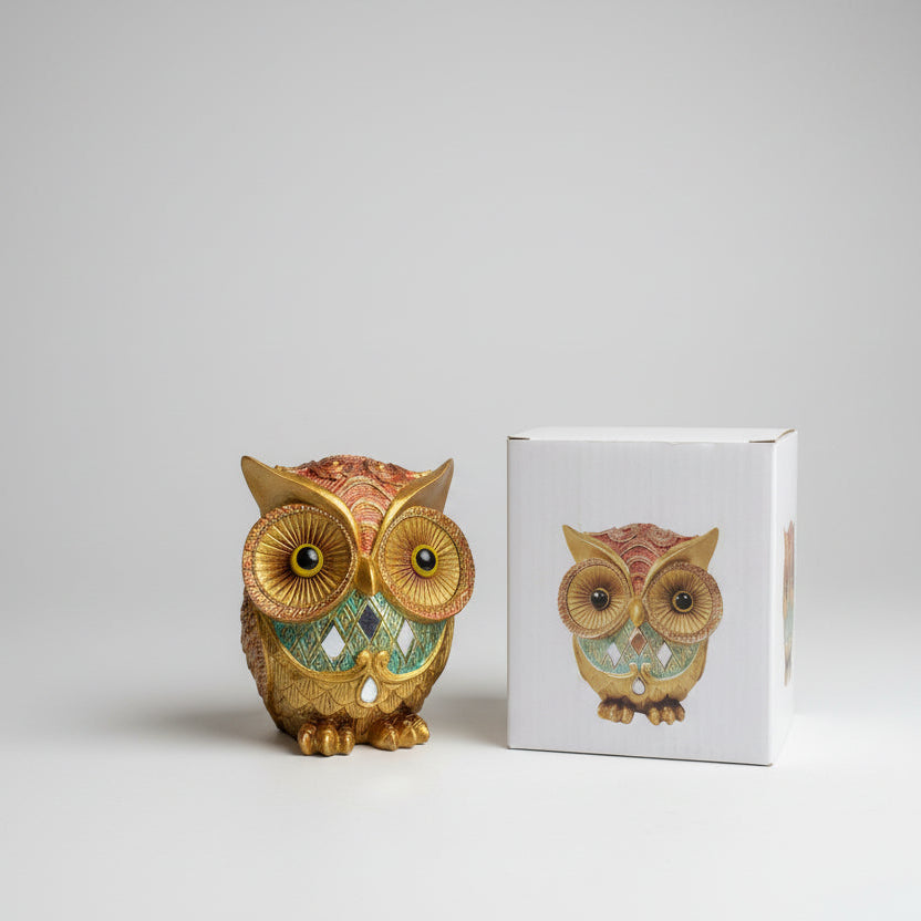 Enfeite Decorativo Coruja em Resina 10 x 8,5 x 5 cm – Escultura de Decoração de Interiores – Detalhes Realistas – Material Durável – Ideal para Sala, Estante e Presente