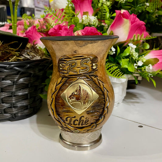 Cuia de Chimarrão de Porongo 13 cm Brasão Cavalo Crioulo | Eduardo Benites