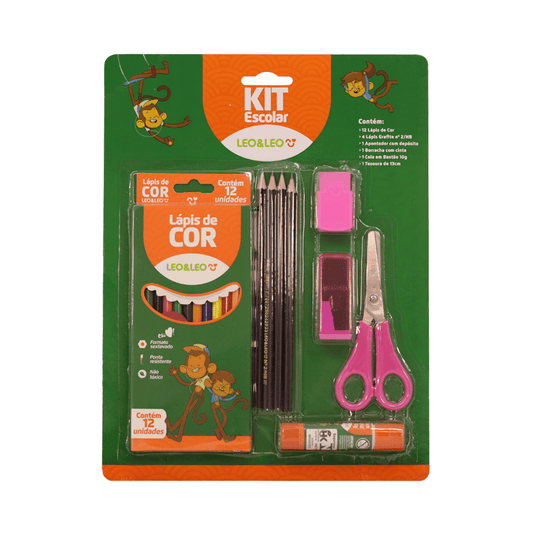 Kit Escolar 6 Peças - Lápis de Cor, Lápis Grafite, Apontador, Borracha, Cola em Bastão, Tesoura | Leo&Leo