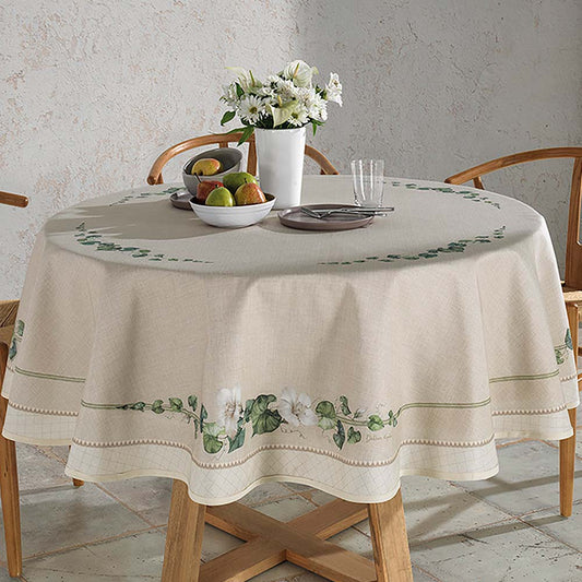 Toalha de Mesa Redonda Döhler Clean Renova – Estampa Botânica “D”, Ø 1,80 m (8 Lugares) – 50% Algodão / 50% Poliéster – Estampado Digital com Proteção Anti-Mancha
