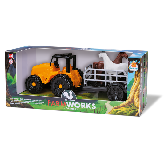 Trator Farm Work Boiadeiro 34 cm – Orange Toys (Carreta com Boi e Cavalo)