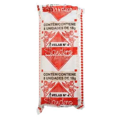 Pacote 8 Velas Brancas Sandero Nº 4 – 18 g | Alta Durabilidade, Pavio Fino, Uso Doméstico / Cerimonial