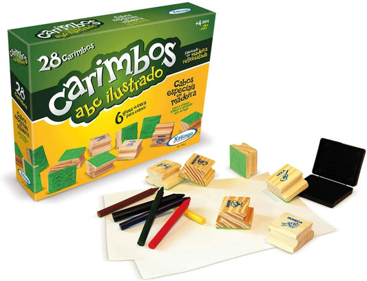 Carimbos Educativos ABC Ilustrado Xalingo – 28 Peças | Madeira, Tinta Atóxica, Almofada e Acessórios – Pedagógico Infantil