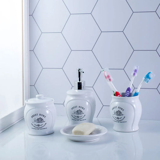 Conjunto Banheiro Cerâmica 4 Peças Lyor Sweet Home – Branco | Dispenser, Saboneteira, Algodão e Escova