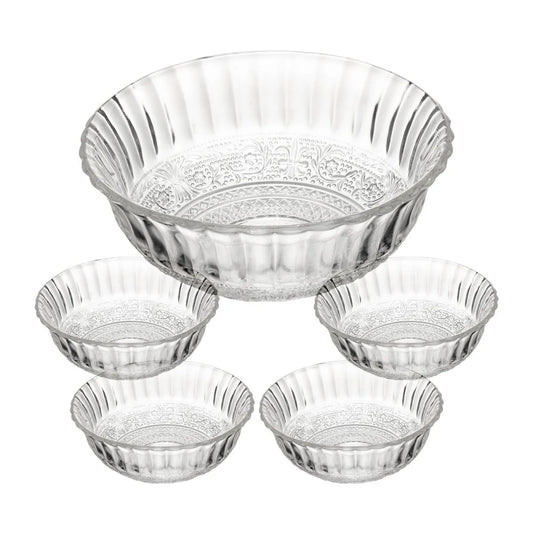 Conjunto para Sobremesa 5 Peças Lyor Angel – Vidro Transparente, 1 Bowl Grande + 4 Bowls Pequenos – Elegância na Mesa