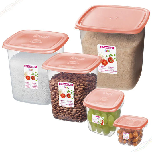 Conjunto 5 Potes Herméticos Plásticos Sanremo Fácil – 7L + 4,5L + 1,7L + 800ml + 200ml – Livre de BPA, Hermético, Micro-ondas, Freezer