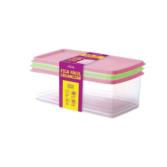 Kit 3 Potes Biovita Herméticos Retangulares 1,4 Litro Verde e Rosa | Plasvale