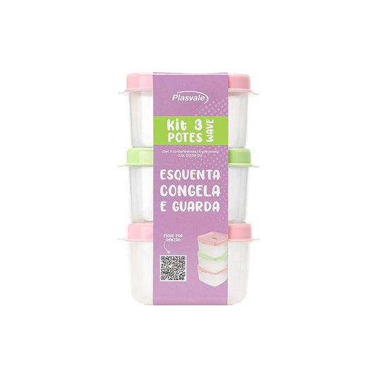 Kit 3 Potes Wave Quadrados 600 ml Verde e Rosa | Plasvale 350220
