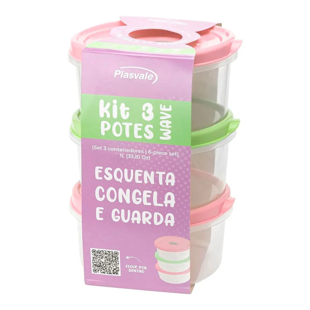 Kit 3 Potes Redondos Plástico Wave 1L Plasvale 16 x 7,5 cm – Verde e Rosa | BPA Free | Freezer, Micro-ondas e Lava-Louças