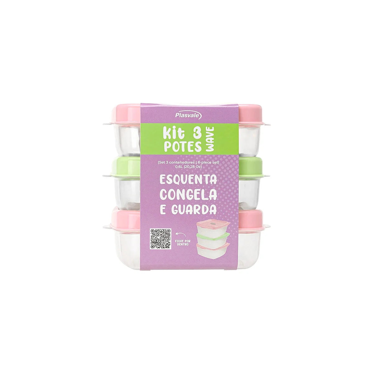 Kit 3 Potes Wave Retangulares 600 ml Verde e Rosa | Plasvale