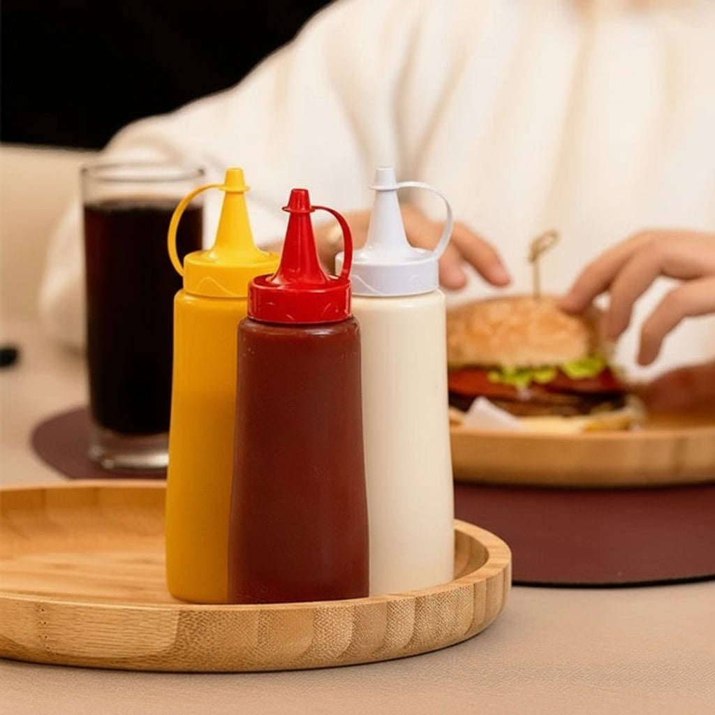 Kit 3 Bisnagas Plásticas 250ml Plasvale – Maionese/Ketchup/Mostarda/Molhos – Transparente PP