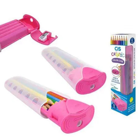 Kit Escolar Cis Criatic | Estojo Rosa + Lápis de Cor Sextavado 12 Cores + Apontador | Cis