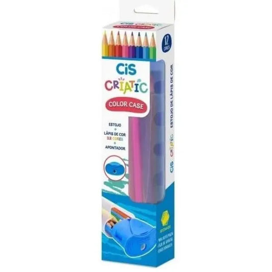 Kit Escolar Cis Criatic | Estojo Azul + Lápis de Cor Sextavado 12 Cores + Apontador | Cis