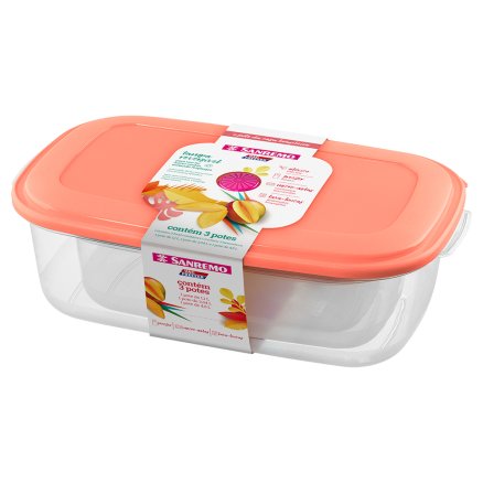 Conjunto 3 Potes Retangulares 1,1 L, 2,34 L e 4,5 L Plástico Sanremo