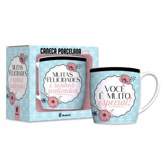 Caneca de Porcelana Urban 300ml - Muitas Felicidades e Sonhos Realizados | Brasfoot Presentes