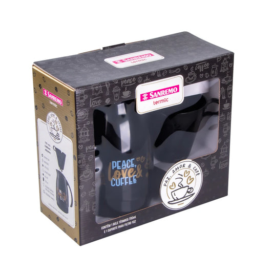 Conjunto Garrafa Térmica 700 ml + Suporte para Filtro 102 | Preto | Sanremo