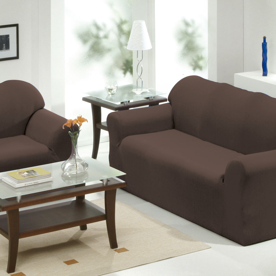 Kit Capa de Sofá 2 e 3 Lugares PanoSul “Requinte” – Malha Gel 100% Poliéster | 3-lug (2,20 m × 1,00 m) + 2-lug (1,65 m × 1,00 m) – Cores Tabaco / Cáqui