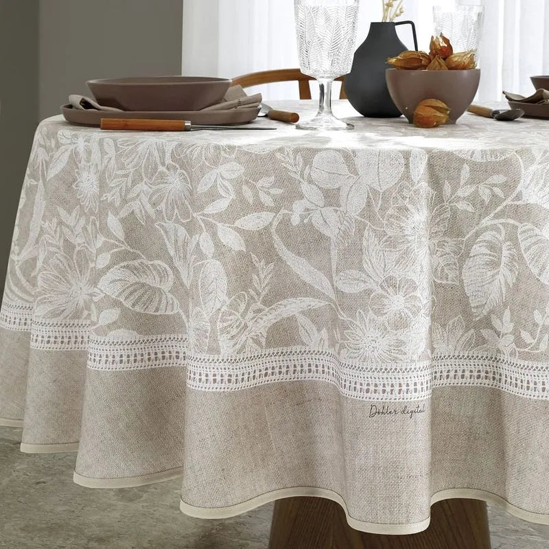 Toalha de Mesa Redonda 1,80 m – 8 Lugares | Döhler Renova Alana Estampado Digital | Algodão 50% + Poliéster 50% | Proteção Döhler Clean – Folhagens Bege