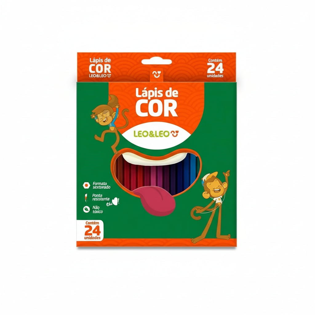 Lápis de Cor Leo&Leo 24 Cores Sextavado – Ref. 4449 | Mina 2,6 mm, Material atóxico, Estojo escolar