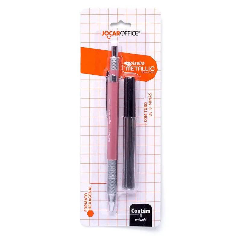 Lapiseira Metallic 2.0mm Rosa com Tubo de 8 Minas de Grafite | JocarOffice