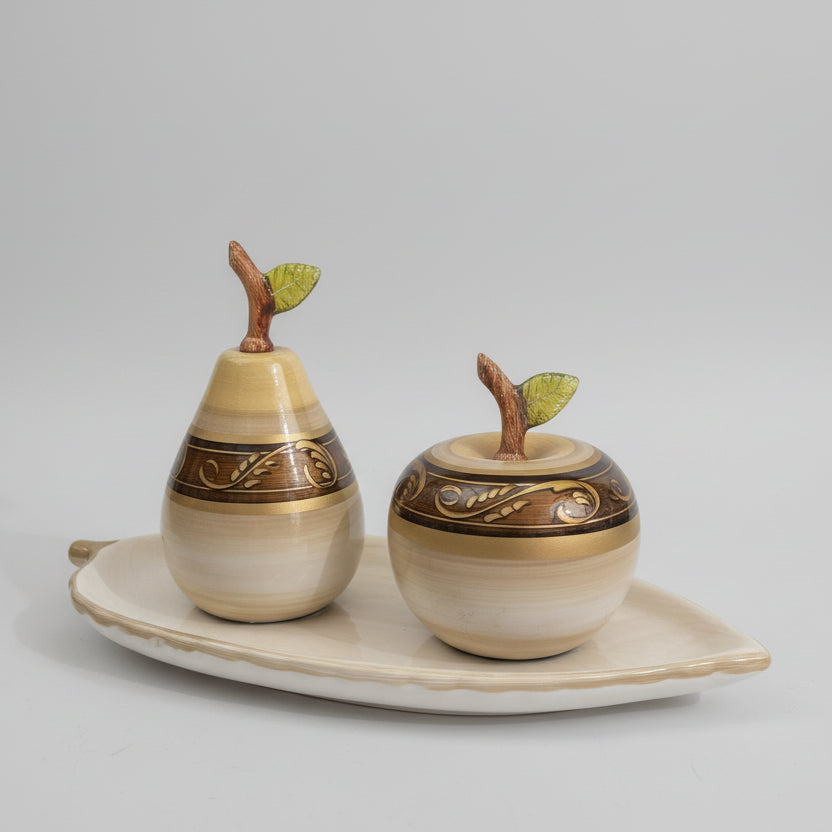 Bandeja Decorativa em Cerâmica StarBella Elegance – Folha com Maçã & Pêra | Decoração de Mesa e Sala | 33×15,5×18 cm