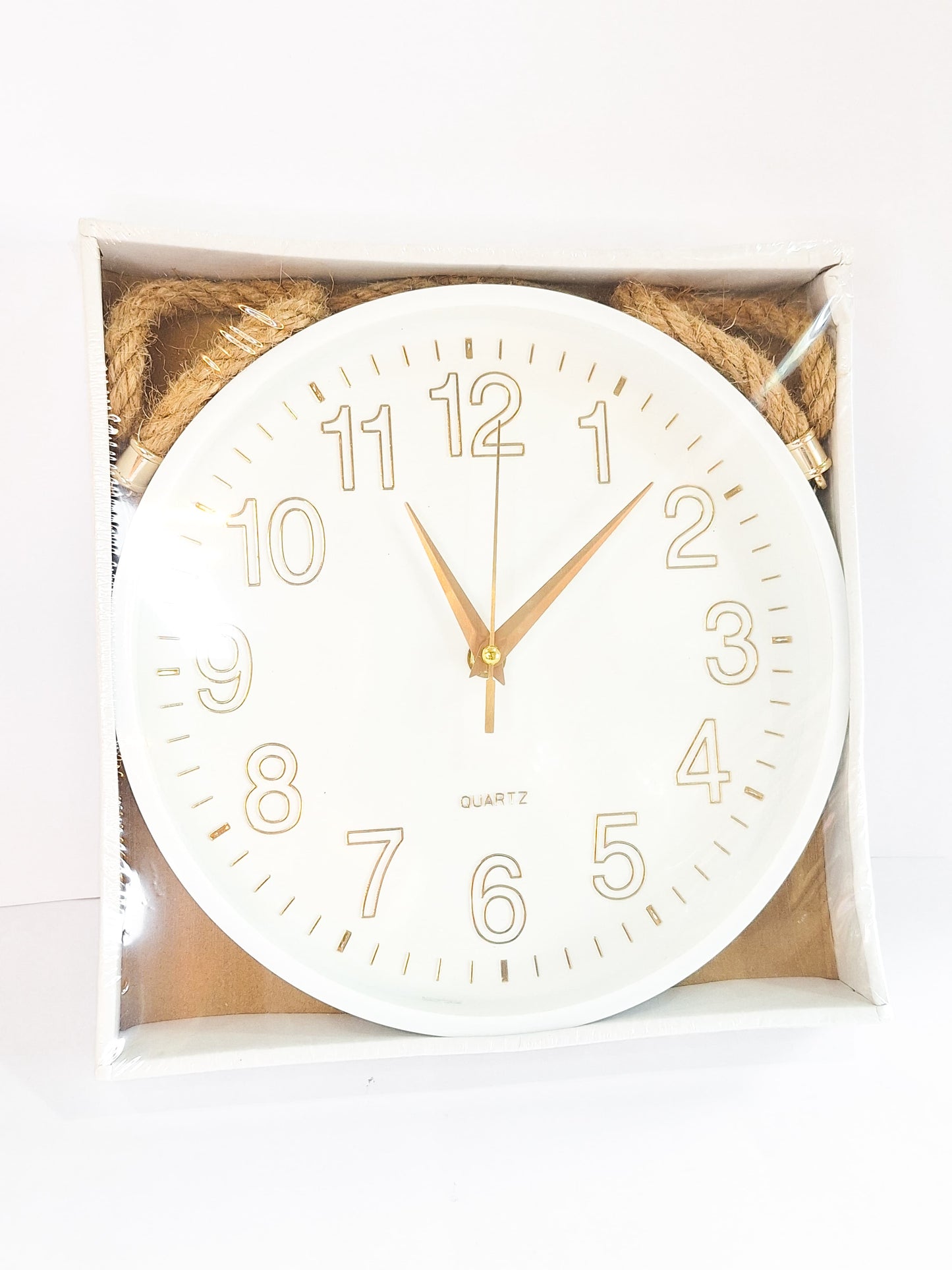 Relógio de Parede 23 cm Redondo com Corda - Branco com Detalhes em Dourado | Quartz