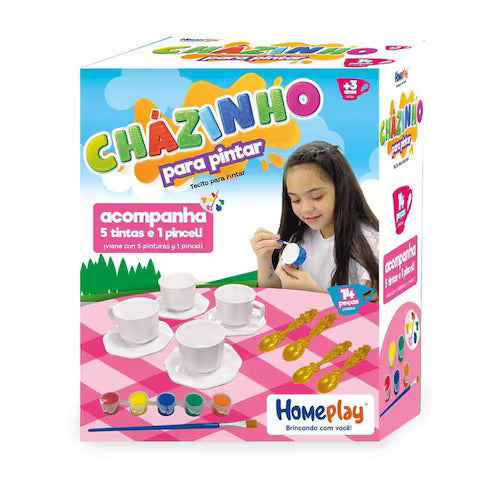Brinquedo Cházinho para Pintar 14 Peças + Tintas & Pincel – Home Play | Atividade Criativa Infantil +3 anos
