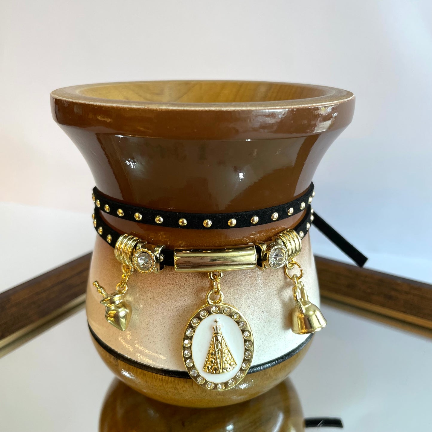 Cuia de Chimarrão Matetri 12 cm – Degradê Marrom & Branco + Pulseira Artesanal