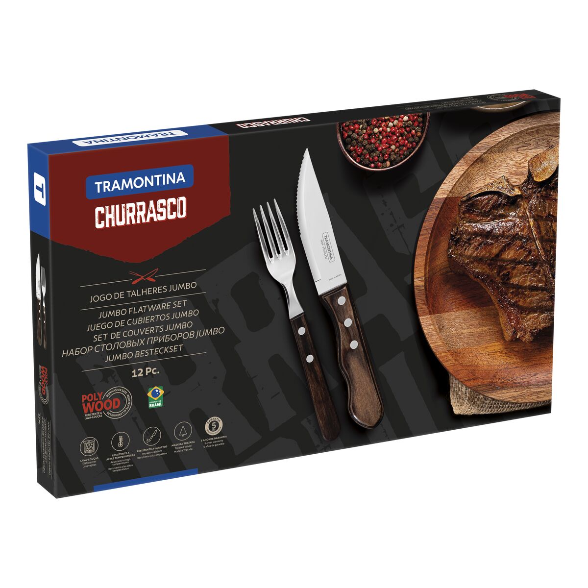 Jogo de Talheres para Churrasco 12 peças 6 Facas Jumbo e 6 Garfos de Mesa | Tramontina