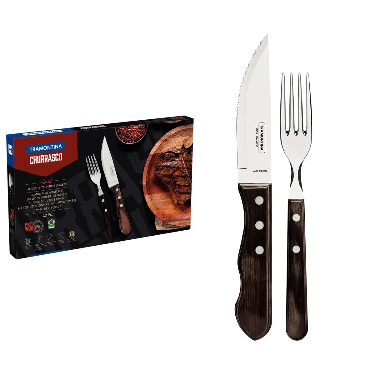 Jogo de Talheres para Churrasco 12 peças 6 Facas Jumbo e 6 Garfos de Mesa | Tramontina