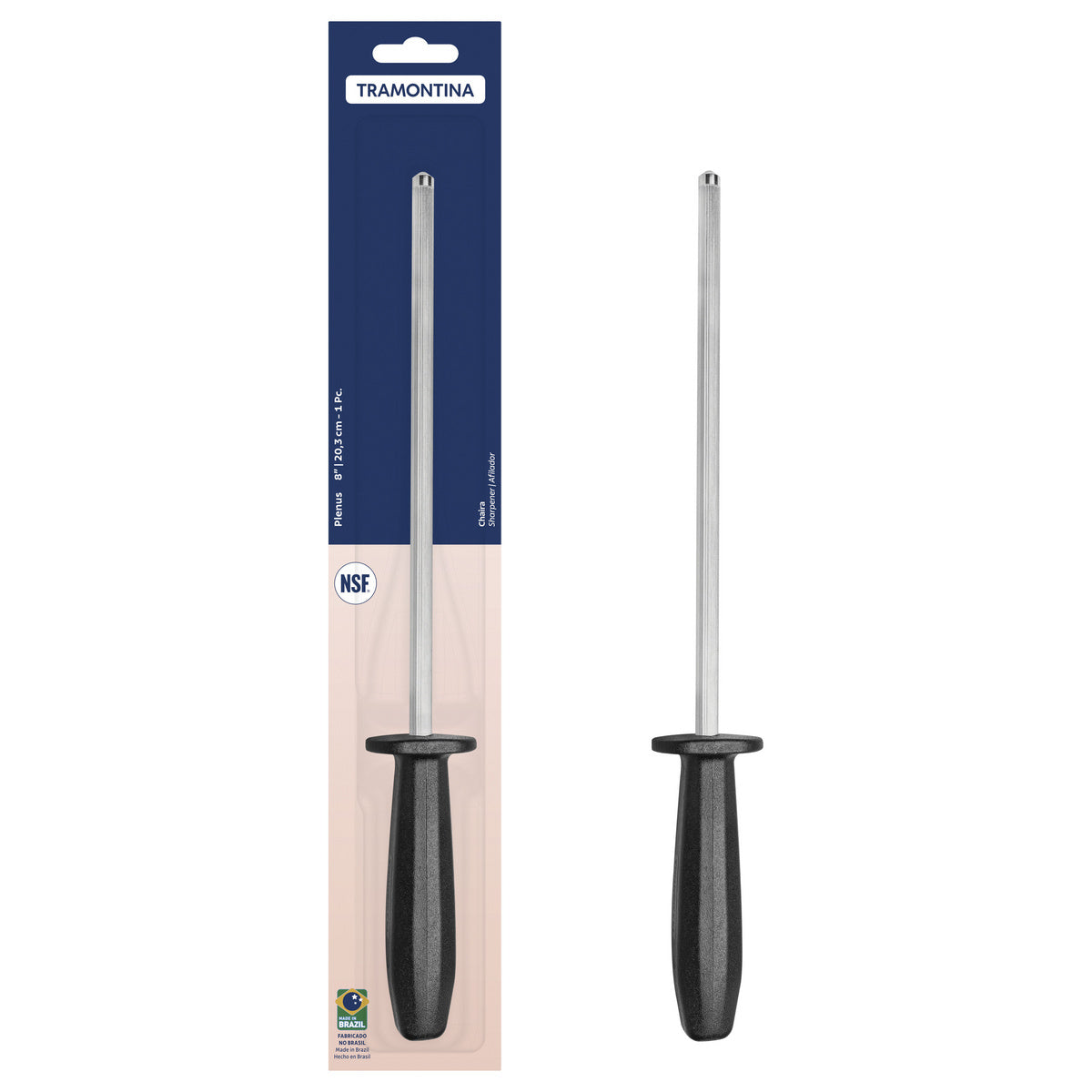 Chaira Tramontina Plenus 8″ – Haste em Aço Carbono Revestida em Cromo-Duro + Cabo de Polipropileno Preto | 22969/108 | Afiador de Facas Profissional