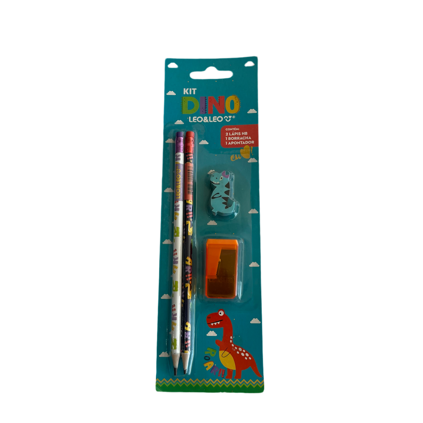 Kit Escolar Dino - 2 Lápis HB, 1 Borracha e 1 Apontador | Leo&Leo