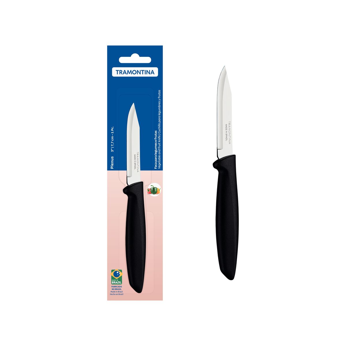 Faca para Legumes e Frutas 3" Tramontina Plenus – Lâmina em Aço Inox e Cabo em Polipropileno Preto