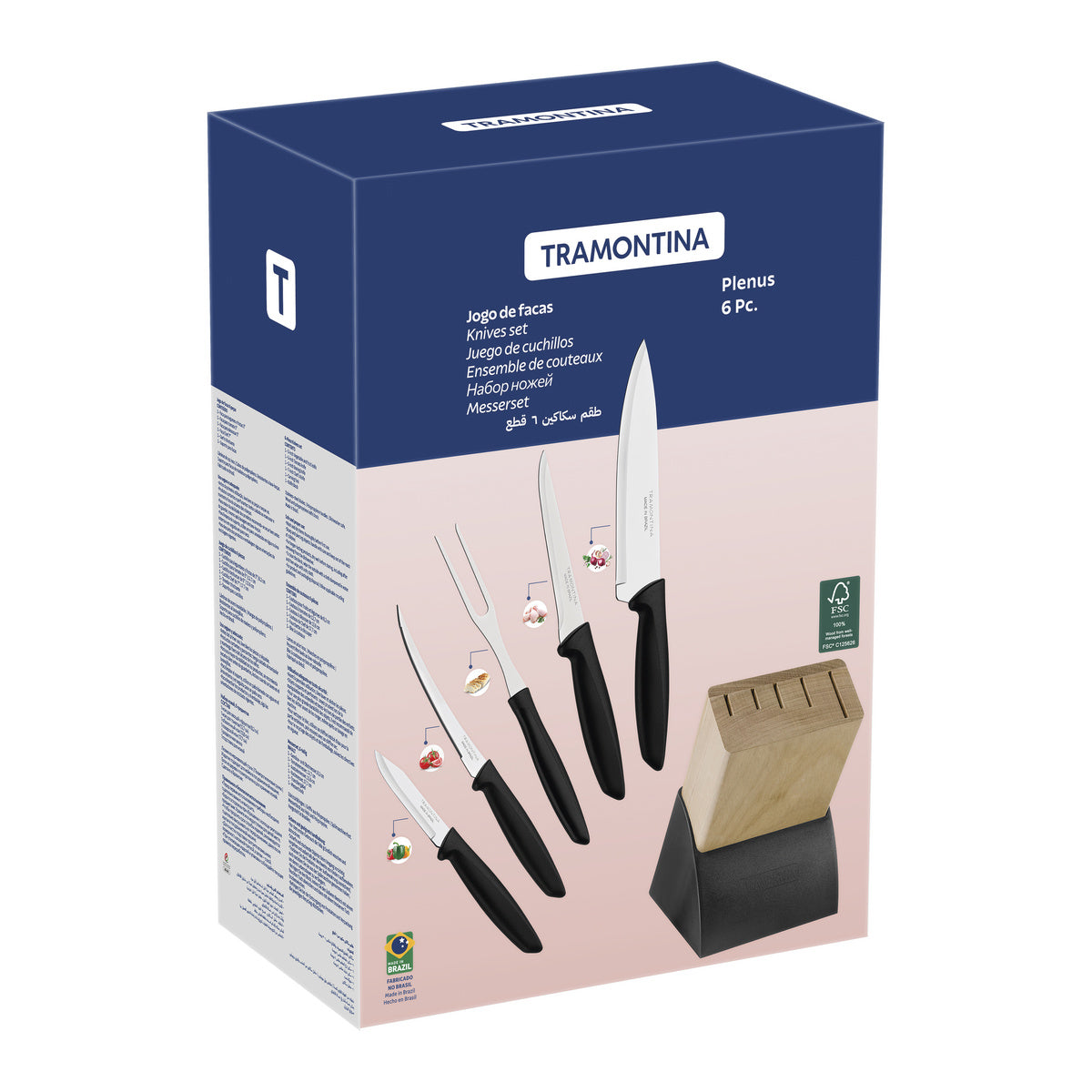 Jogo de Facas 6 Peças Tramontina Plenus – Lâminas Inox + Suporte de Madeira 23498/028
