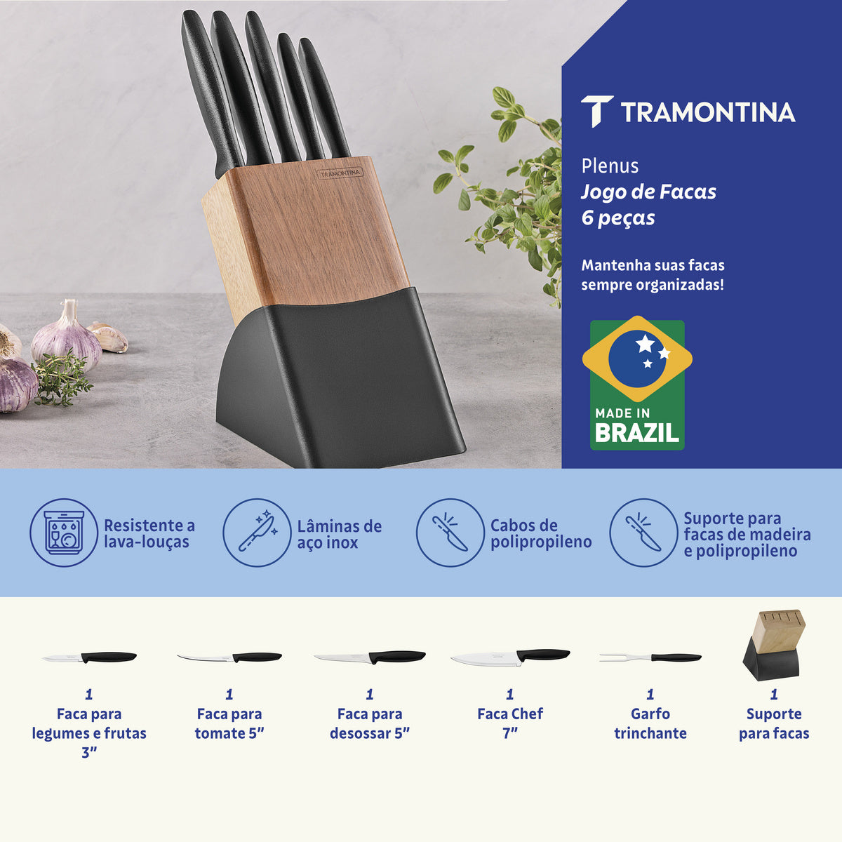 Jogo de Facas 6 Peças Tramontina Plenus – Lâminas Inox + Suporte de Madeira 23498/028