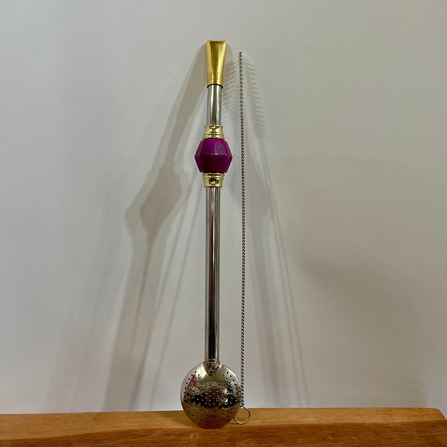 Bomba de Chimarrão Aço Inox 25 cm com Rosca - Bocal Dourado - Decoração Pedra Acrílica | Garibaldi
