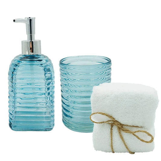 Kit Banheiro 3 Peças Sanxia – Acessórios em Vidro com Alto Relevo • Porta Sabonete Líquido + Porta Objetos + Toalha | Design Elegante e Funcional