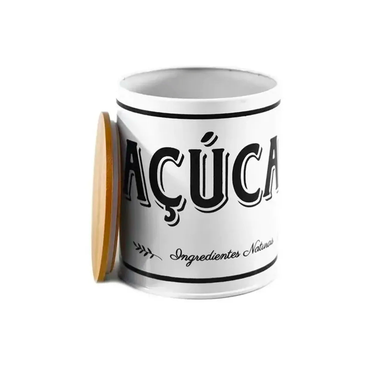 Pote de Mantimentos Açúcar Lata Branco 1,2 L (11×13 cm) – Tampa de Bambu Vedante