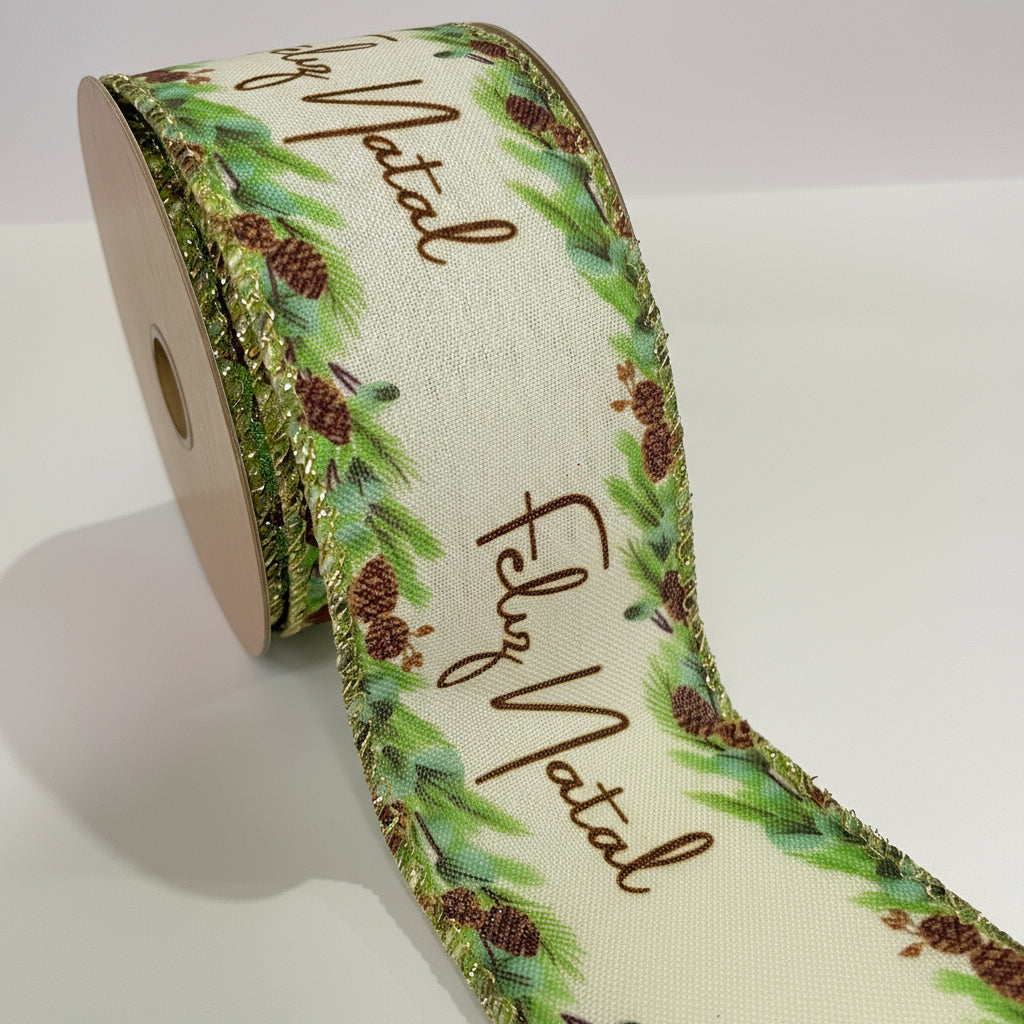 Fita Aramada Natal 6,3 cm x 9,14 m “Feliz Natal” – Rolo para Laços, Guirlandas, Decoração