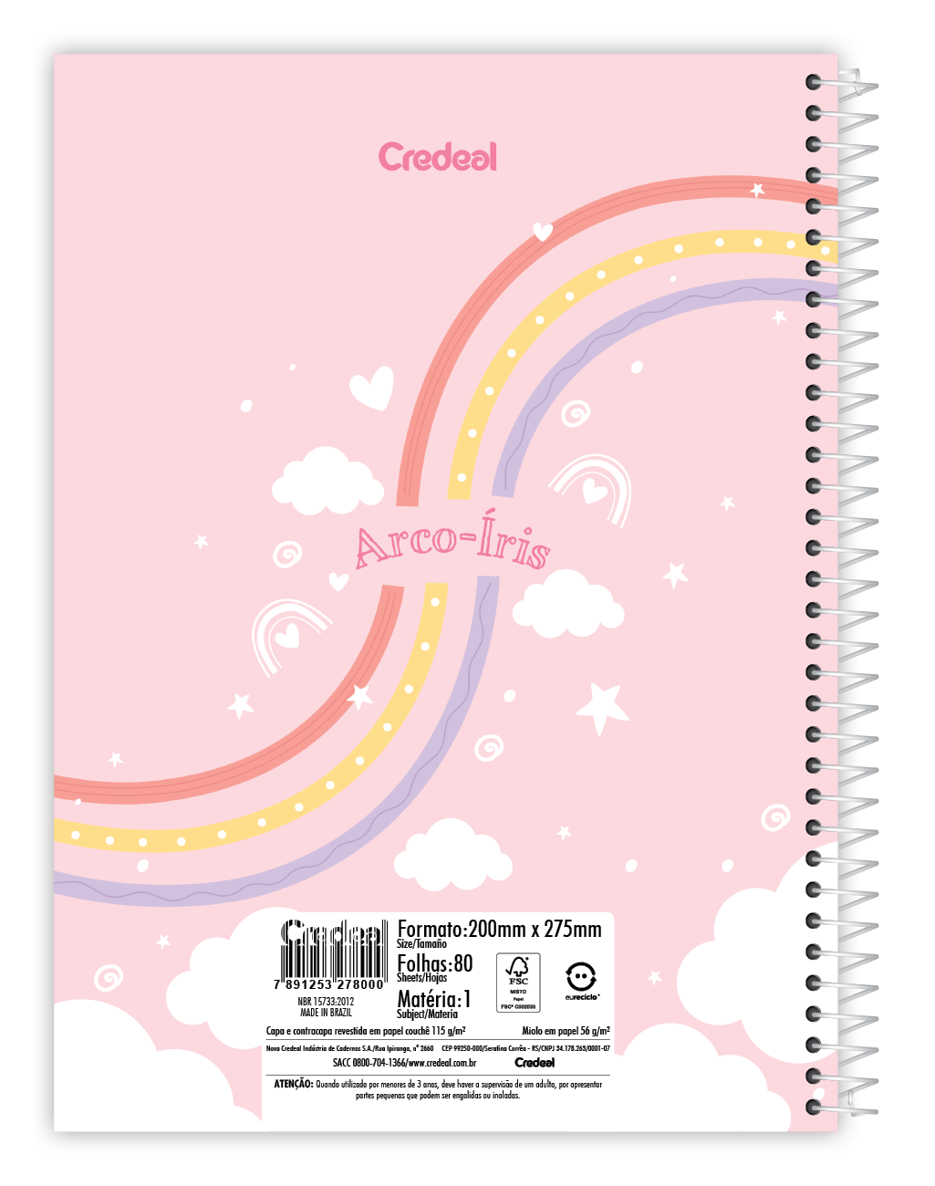 Caderno Arco-Íris | Universitário Capa Dura 1 Matéria 80 Folhas | Credeal