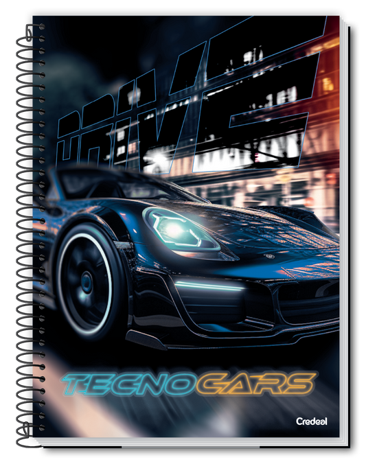 Caderno TecnoCars Credeal | Estampa Carros | 1 Matéria 96 Folhas Capa Dura Universitário