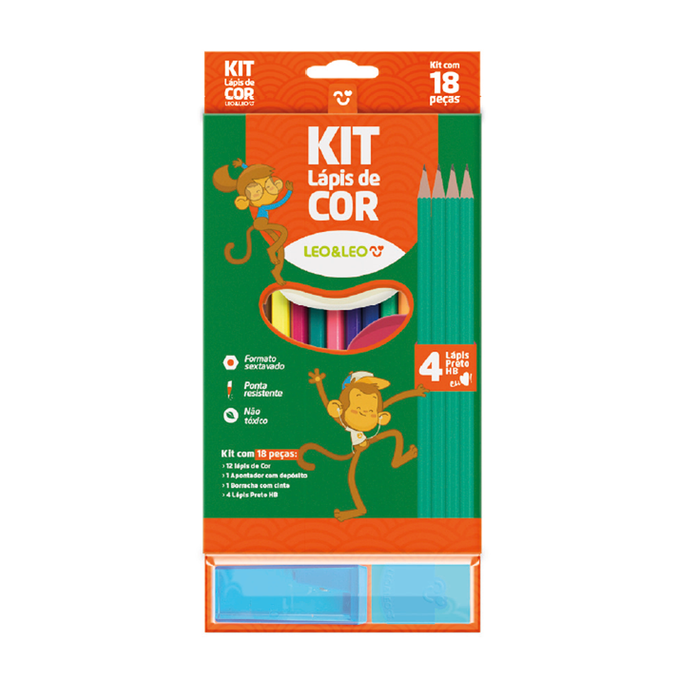 Kit Lápis de Cor 12 Cores + Lápis HB + Apontador e Borracha Leo&Leo