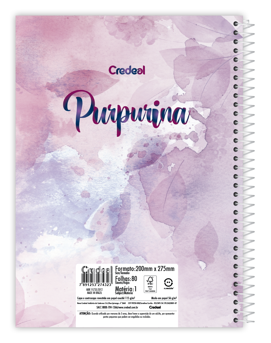 Caderno Purpurina | Universitário Capa Dura 1 Matérias 80 Folhas | Credeal