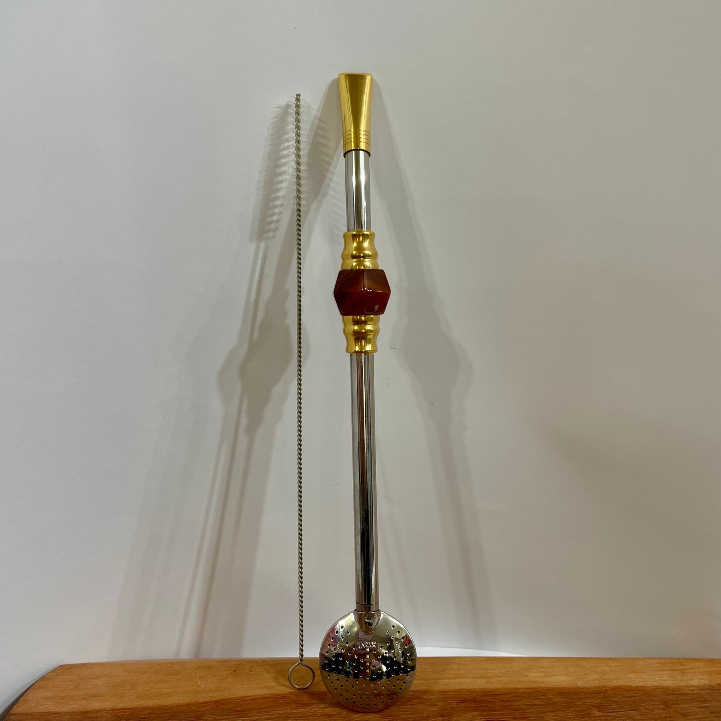 Bomba de Chimarrão Aço Inox 25 cm com Rosca - Bocal Dourado - Decoração Pedra Acrílica | Garibaldi