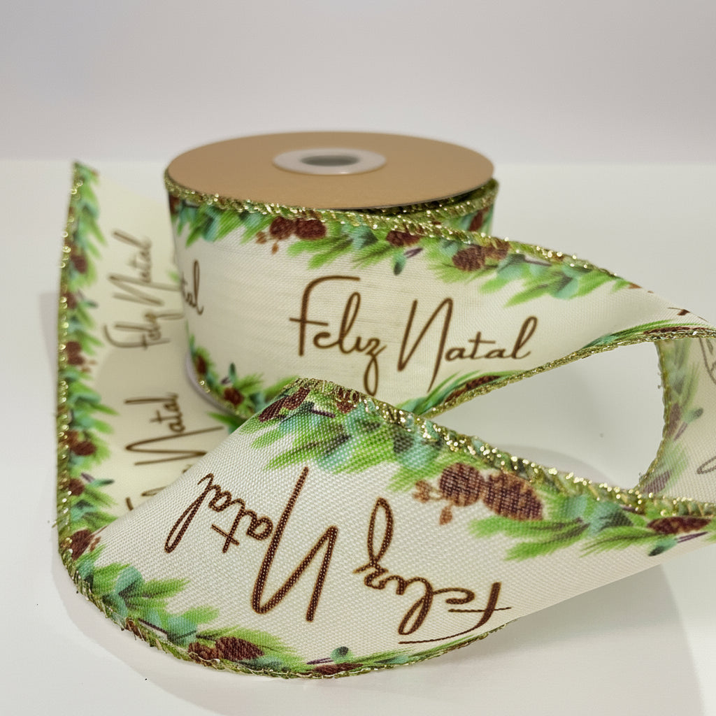 Fita Aramada Natal 6,3 cm x 9,14 m “Feliz Natal” – Rolo para Laços, Guirlandas, Decoração