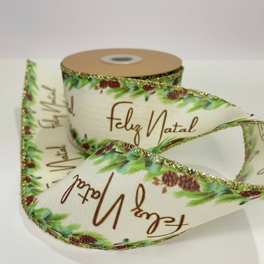Fita Aramada Natal 6,3 cm x 9,14 m “Feliz Natal” – Rolo para Laços, Guirlandas, Decoração