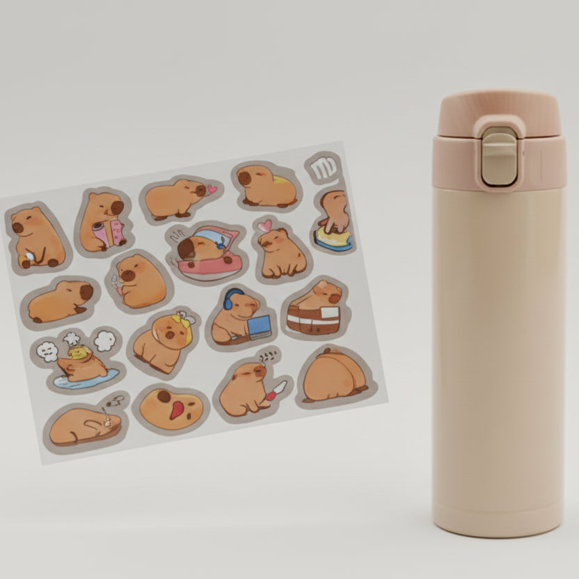 Garrafa Térmica Inox 420 ml Capivara – Aço Inoxidável, Adesivos Divertidos, Tampa com Trava, Portátil e Reutilizável