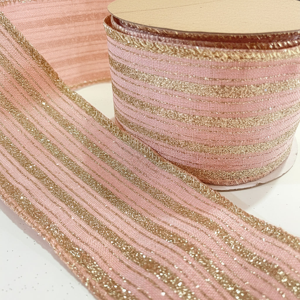 Fita Decorativa Aramada FlorArte Linho com Glitter e Costura – 6,3 cm x 9,14 m – Cor Rosa Champanhe